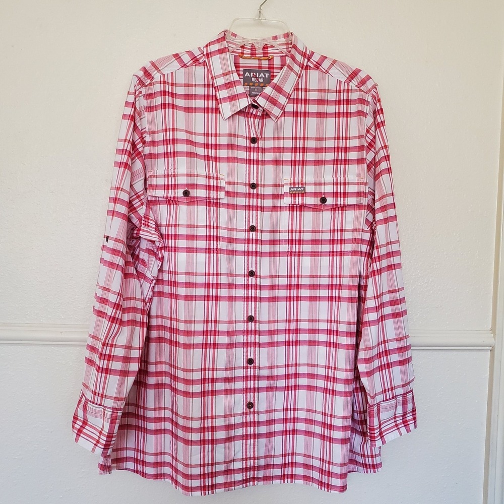 Ariat Rebar Women's 2X Red White Plaid Relaxed Fit Roll-Tab Sleeve Button Down